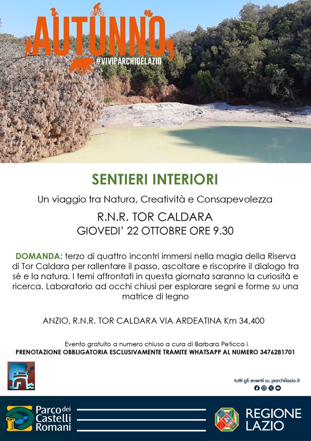 Sentieri Interiori: giovedì 22 ottobre alla Riserva di Tor Caldara